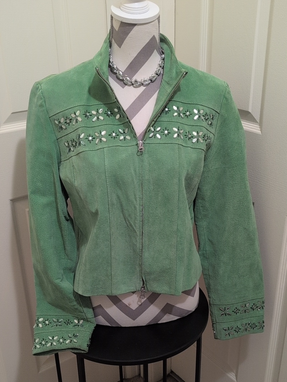bagatelle Mint Green Suede Zip-Up Jacket with Floral Cutouts